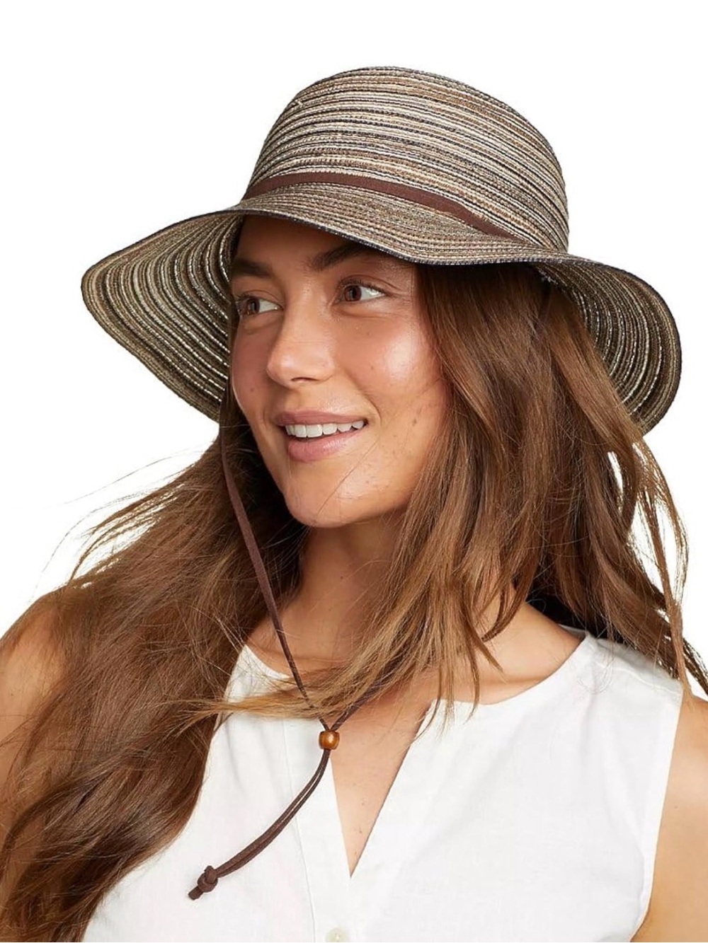 Eddie Bauer Striped Wide-Brim Sun Hat in Brown and Beige - Picture 1 of 3